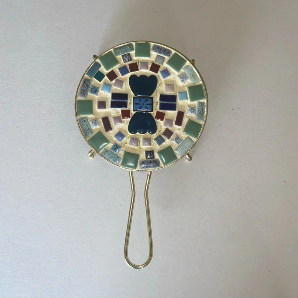 Vintage Trivet Micro Mosaic Tile Hearts Mid-Century Metal Frame Handle Handmade